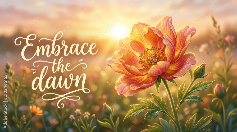 Fototapeta premium Embrace the dawn floral calligraphy with a beautiful blooming flower at sunrise, symbolizing new beginnings and hope.