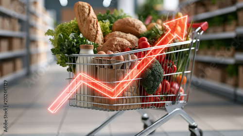 Grocery Cart in Store Aisle with Red Growth Arrow for Food Price Increase Concept