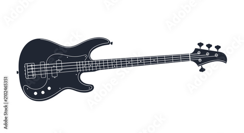 Black electric bass guitar musical instrument on white background