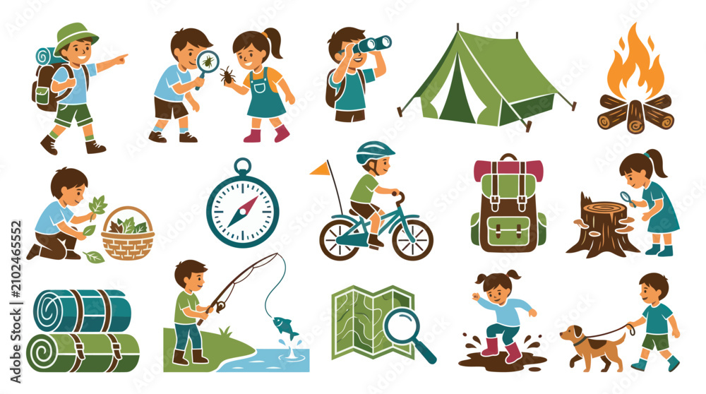 Fototapeta premium Kids Nature Exploration, Camping, and Outdoor Activities Flat Vector Illustration Set with Children and Gear