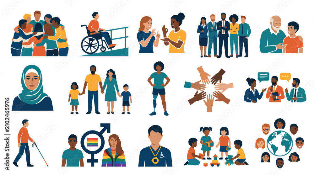 Fototapeta premium Modern Flat Vector Illustration Set Depicting Diversity, Inclusion, Equality, and Social Awareness with Diverse People