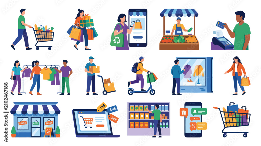 Fototapeta premium Flat Style Icons of Online Shopping, Retail, and E-commerce Activities