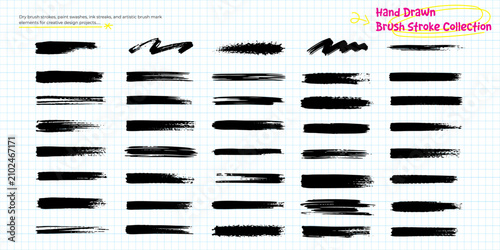 Black brush stroke collection with dry brush swashes, ink streaks and textured paint marks