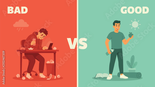 Tableau sur toile Vector illustration of bad versus good lifestyle and eating habits with contrast