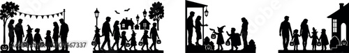 Backyard family gathering silhouette set shows adults and children decorating, sharing food, playing, and relaxing outdoors.