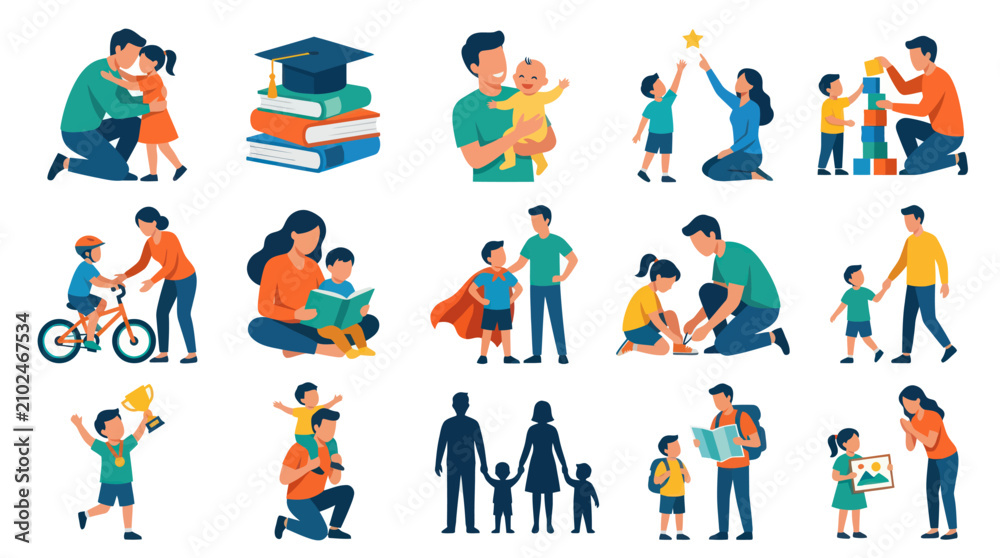 Fototapeta premium Flat Vector Illustration Set of Family, Parenting, Education Childcare Concepts with Parents and Children
