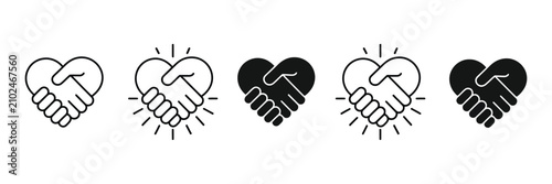 Handshake icon set featuring agreement, contract, and hands holding a heart symbols, editable vector graphics for business