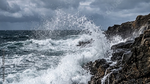 Powerful sea waves splashing violently against dark coastal rocks under cloudy storm sky