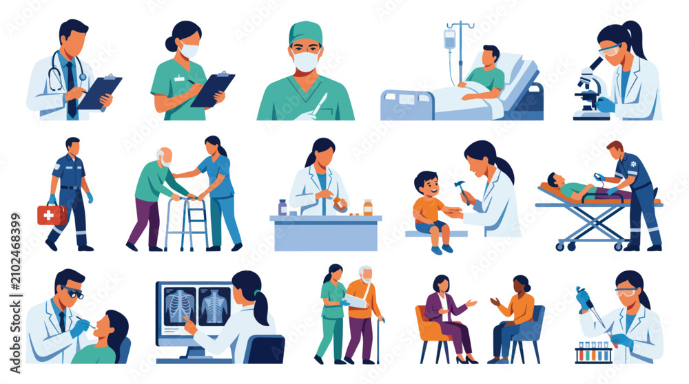 Fototapeta premium Medical Healthcare Professionals and Services Modern Flat Vector Illustration Set: Doctors, Nurses, Patients Clinic Scenes