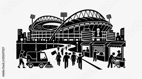 Photos Silhouette of bustling baseball stadium with fans and vendors.