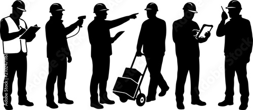 Set of construction workers and warehouse staff silhouettes vector illustration