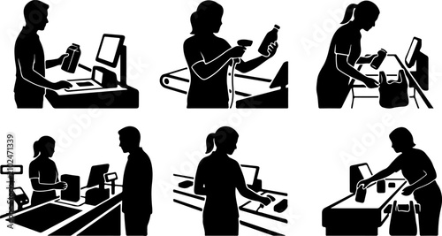 Set of silhouettes of people at the supermarket checkout counter vector illustration