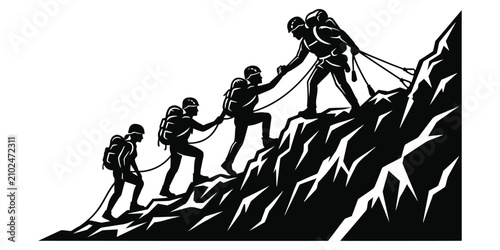 Mountain Climbing Team Helping Each Other Scale Peak Vector Silhouette Illustration