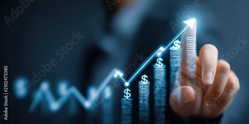 A hand points toward a glowing arrow representing financial growth, alongside a rising line graph