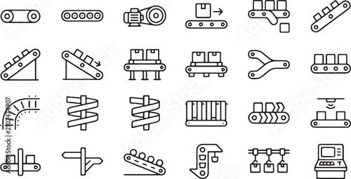 Conveyor system icons set, factory material handling, industrial belt and roller systems, automated logistics line, package sorting equipment, linear monoline vector illustration