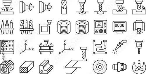 CNC machining icons set, computer numerical control manufacturing, metal milling and lathe drilling tools, industrial engineering components, automated precision hardware, linear monoline vector