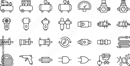 Bild auf Leinwand Pneumatic system icons set, industrial compressed air equipment, pressure contro