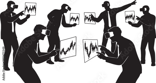 Obraz na plátně Black Solid VR Metaverse Stock Trading Silhouettes Set of Six on White Backgroun