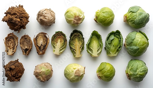 Fresh Brussels sprouts in progressive stages of decomposition. Organic vegetable lifecycle from harvest to decay for culinary and scientific use.