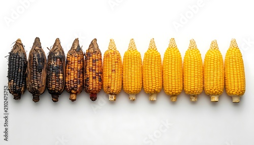 Nine fresh corn cobs arranged in a row on white background. Golden yellow maize with husks for food photography and healthy eating concepts.