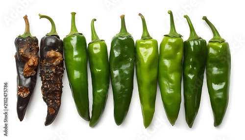 Fresh green chili peppers arranged in a row. Organic produce with one moldy decayed pepper for contrast in food photography.