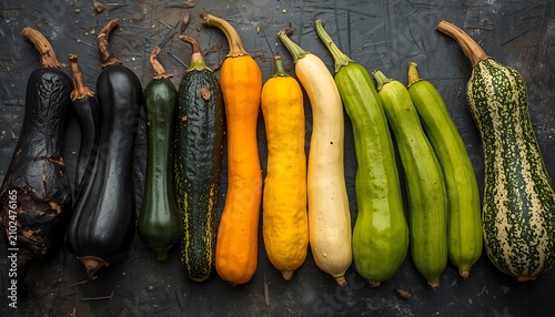 Nine snake gourds arranged by freshness stages for food photography. Organic produce decay process showcasing vegetable lifecycle and texture contr...