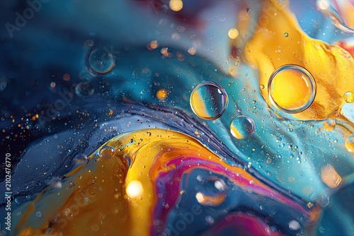 A vibrant abstract composition, showcasing an array of colorful oil droplets and swirling liquids