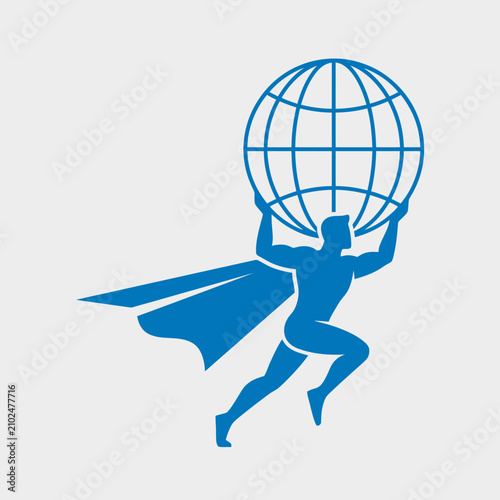 Blue superhero silhouette lifting the world globe.