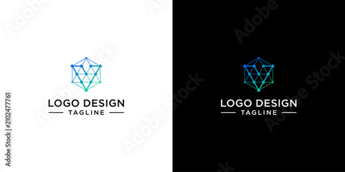 Initial Letter V Blue hexagonal Dot Circuit Connect data network science logo Design
