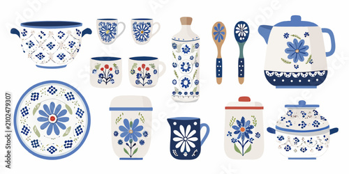 Quadro su tela Blue And White Ceramic Kitchenware Collection Vector Illustration