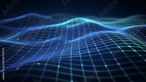 Mesmerizing digital wave pattern with glowing blue lines flowing smoothly across grid, creating captivating visual experience