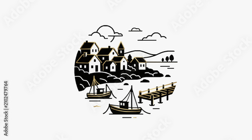 Fotografie Professional Minimalist Black and Gold of Quaint Coastal Village with Boats and