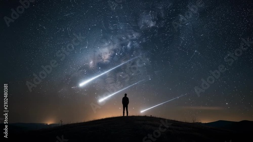 Lone figure on hill witnesses stunning meteor shower, night sky filled with bright stars, creating breathtaking cosmic beauty