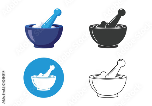 Mortar and pestle apothecary icon set: Clipart, sticker - icon set - Line and glyph solid icon and logo template 