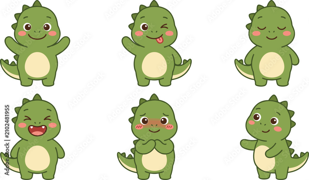 Fototapeta premium Cute Kawaii Baby Dinosaur Character Set with Different Expressions and Poses for Kids and Nursery Designs
