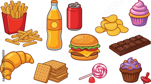 Junk Food Icon Set with Burger, Fries, Soda, Chips, Chocolate, and Cupcake Illustrations for Fast Food Designs