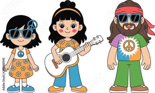 Cute hippie cartoon characters set with guitar and peace symbols, retro vector illustration isolated on white