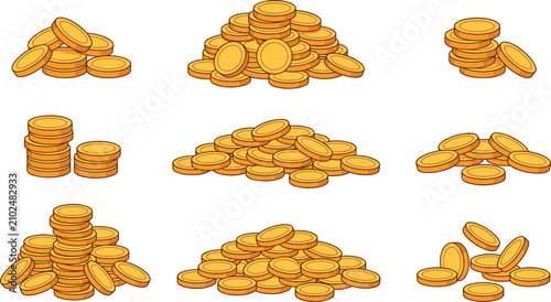 Gold Coin Stack Icon Set with Pile, Treasure, and Money Heap Illustrations for Finance and Wealth Designs