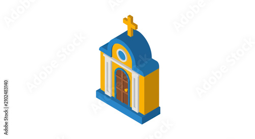 Foto Isometric yellow church building with blue roof and cross