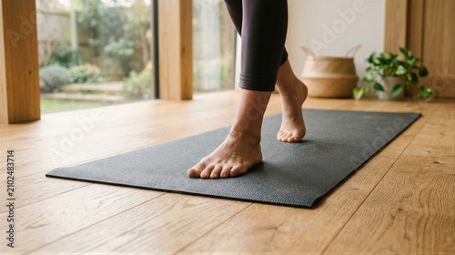 Woman walking barefoot on black yoga mat in home studio. Healthy lifestyle and fitness training at home. Physical exercise, balance, and meditation concept for wellness and activity.