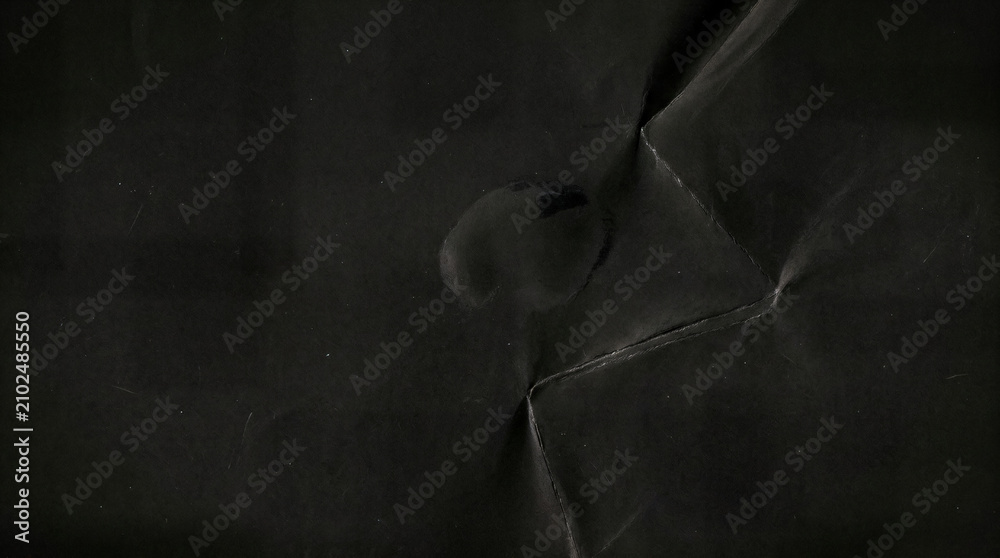 Obraz premium Vintage Folded Black Paper Texture Overlay. Worn Deep Crease Background. Classic Scan Surface with Fine Analog Film Grain