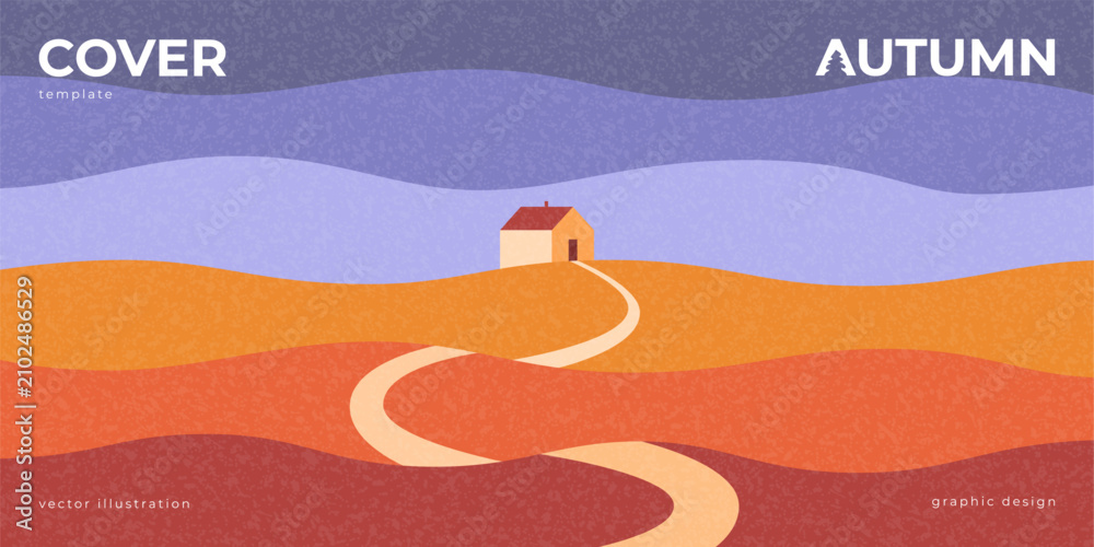 Obraz premium Modern Minimalistic Autumn Background. Autumn cover template featuring landscape with small house, winding road on layered hills. Perfect for seasonal posters, banners, brochures, branding, promotion.