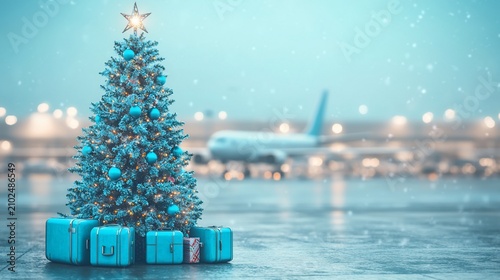 Christmas Tree with Blue Gifts at Airport Tarmac