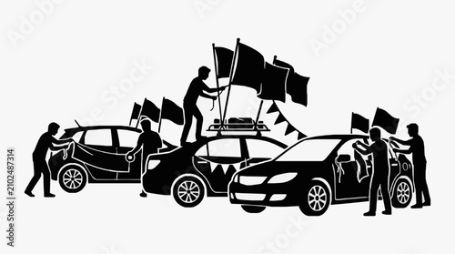 Foto Silhouette of people protesting on cars with flags.