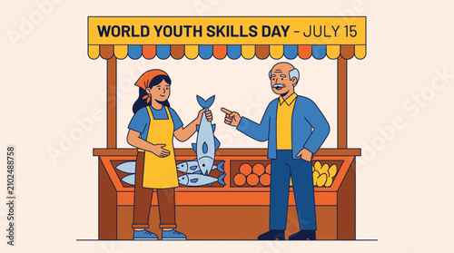 Bild auf Leinwand Young Woman Fishmonger Training with Fish for World Youth Skills Day