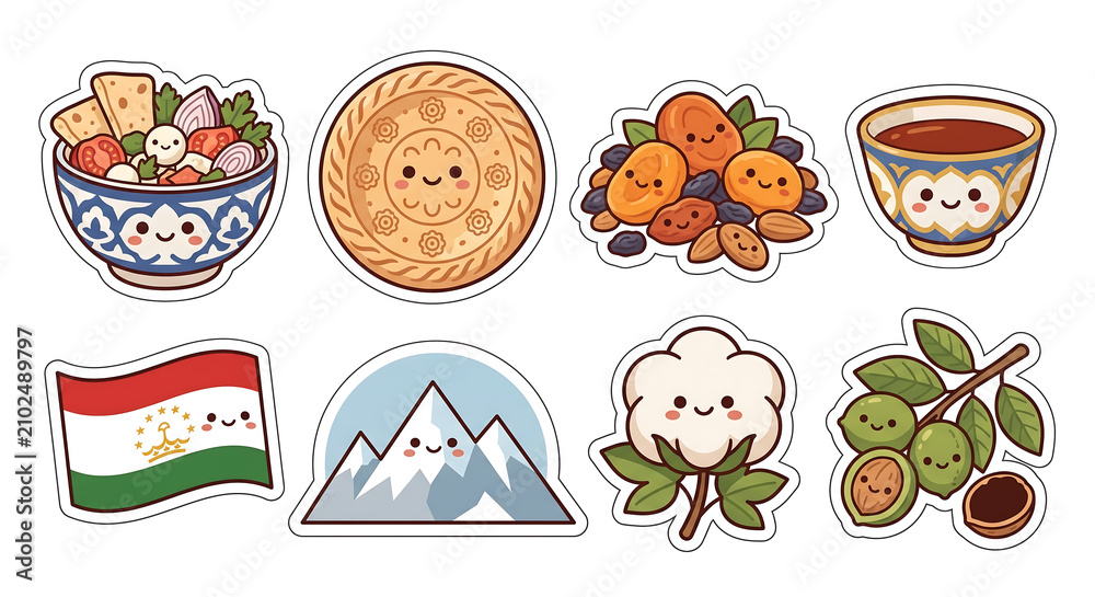 Fototapeta premium Cute Tajik Food Sticker Pack – Qurutob and Tajikistan Icons Kawaii Flat Illustration Set