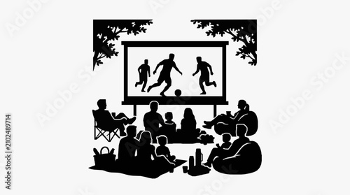 Fotografie Silhouette of group watching outdoor soccer match on screen.