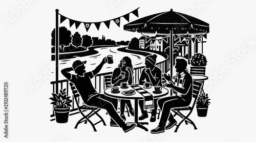 Fotografie Silhouette of friends dining outdoors at a cafe by the water.
