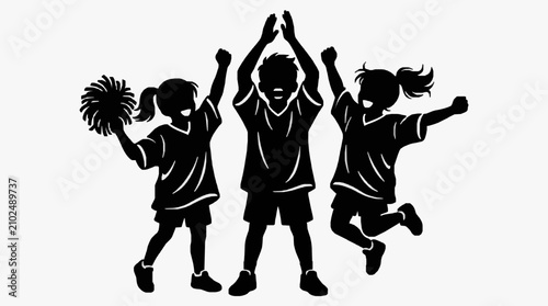 Foto Silhouette of three children cheering with pom poms.