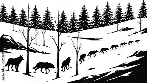 Canvastavla Wolf Pack Walking Through Snow Covered Forest Mountain Landscape Silhouette Vect